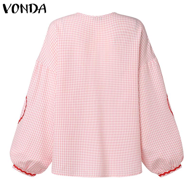 VONDA Cămăși Casual Largi cu Mânecă Lungă și Decolteu în V pentru Femei, cu Imprimeu Plaid, Inimă și Nod Fundă