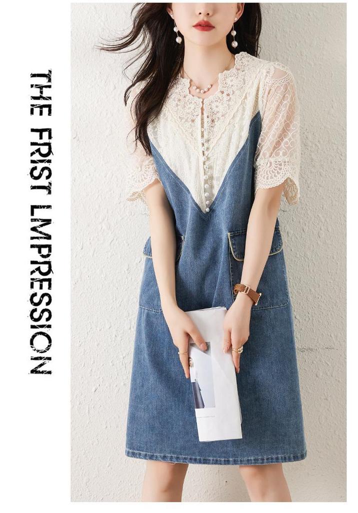 Plus Size Women's 2026 Summer Lace Patchwork Denim Dress - Light Luxury & Mature Style