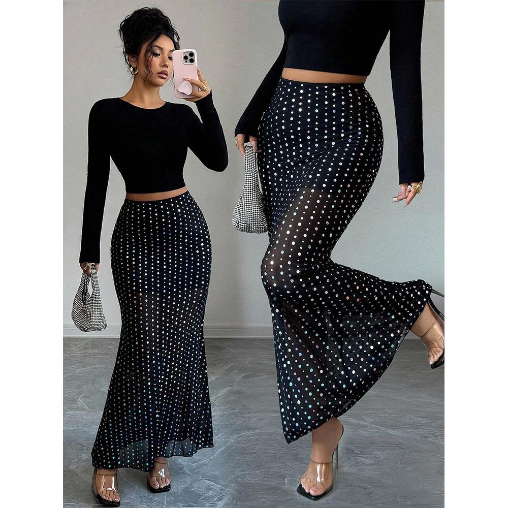 

2025 New sequined double-layer mesh high-waisted, figure-hugging and slimming vacation and date skirt 2XL