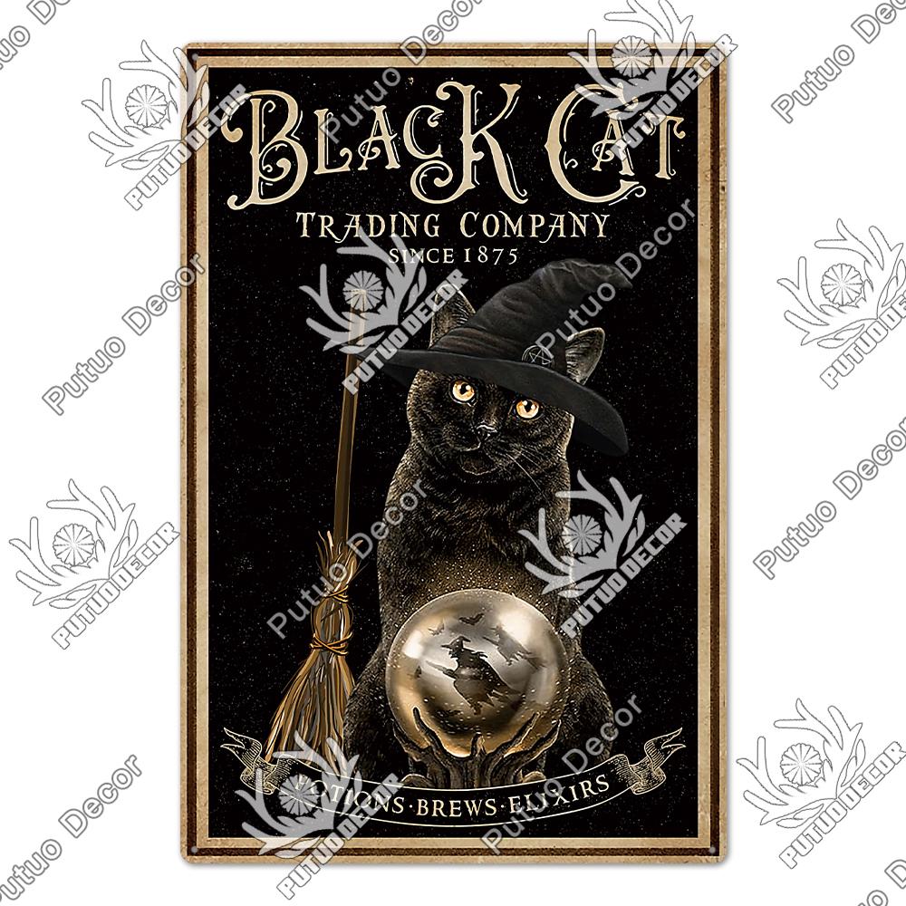 Putuo Decor Halloween Schwarze Katze Vintage Metallschild Plakette Metall Vintage Blechschild für Wohnzimmer Tür Tierhandlung Wanddekoration