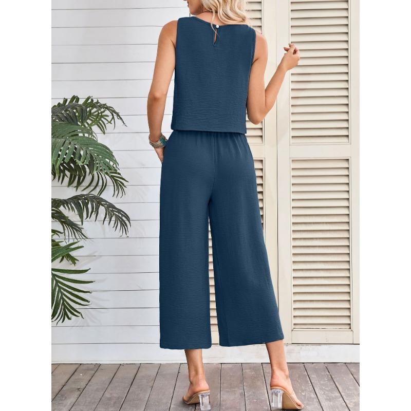 Women Summer Casual Sleeveless Vest Wide Leg Cropped Pants Two Piece Set