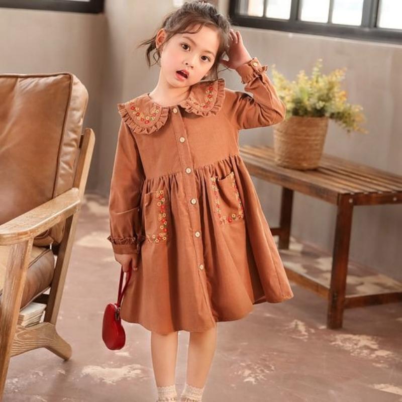 Sweet Corduroy Dress for Girls, Loose Long-sleeved Dress for Children Spring and Autumn
