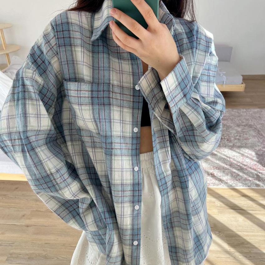 Classic lapel long-sleeved plaid women's casual loose shirt 1116 spring European and American fashion new women's top