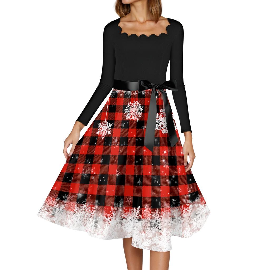 Women's Casual Fashion Christmas Print Square Neck Vintage Dress for Holiday Party