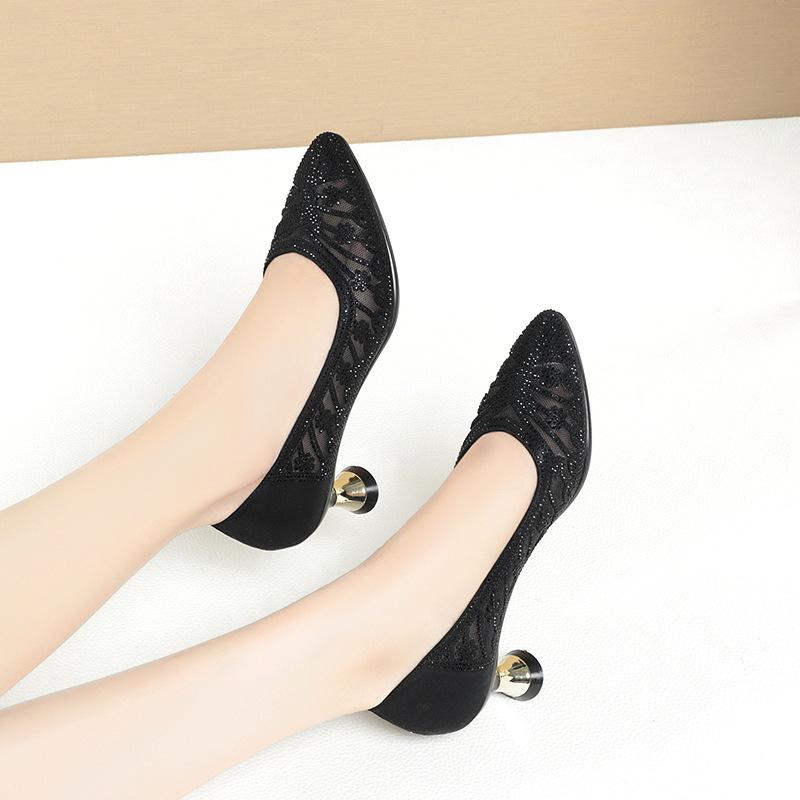 5cm All Match Comfortable Breathable Rhinestone Mesh Leather Shoes Women Pumps 2025 Spring Summer Med Kitten Heels Shoes Office
