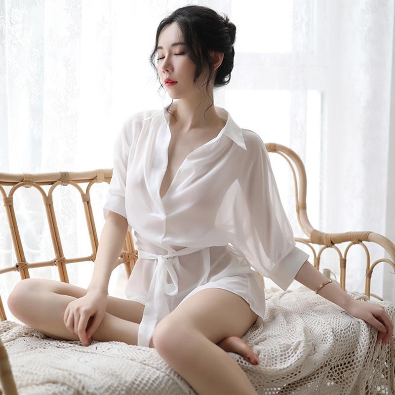 Sex underwear pajamas women's summer long chiffon shirt Korean version perspective shirt bathrobe home