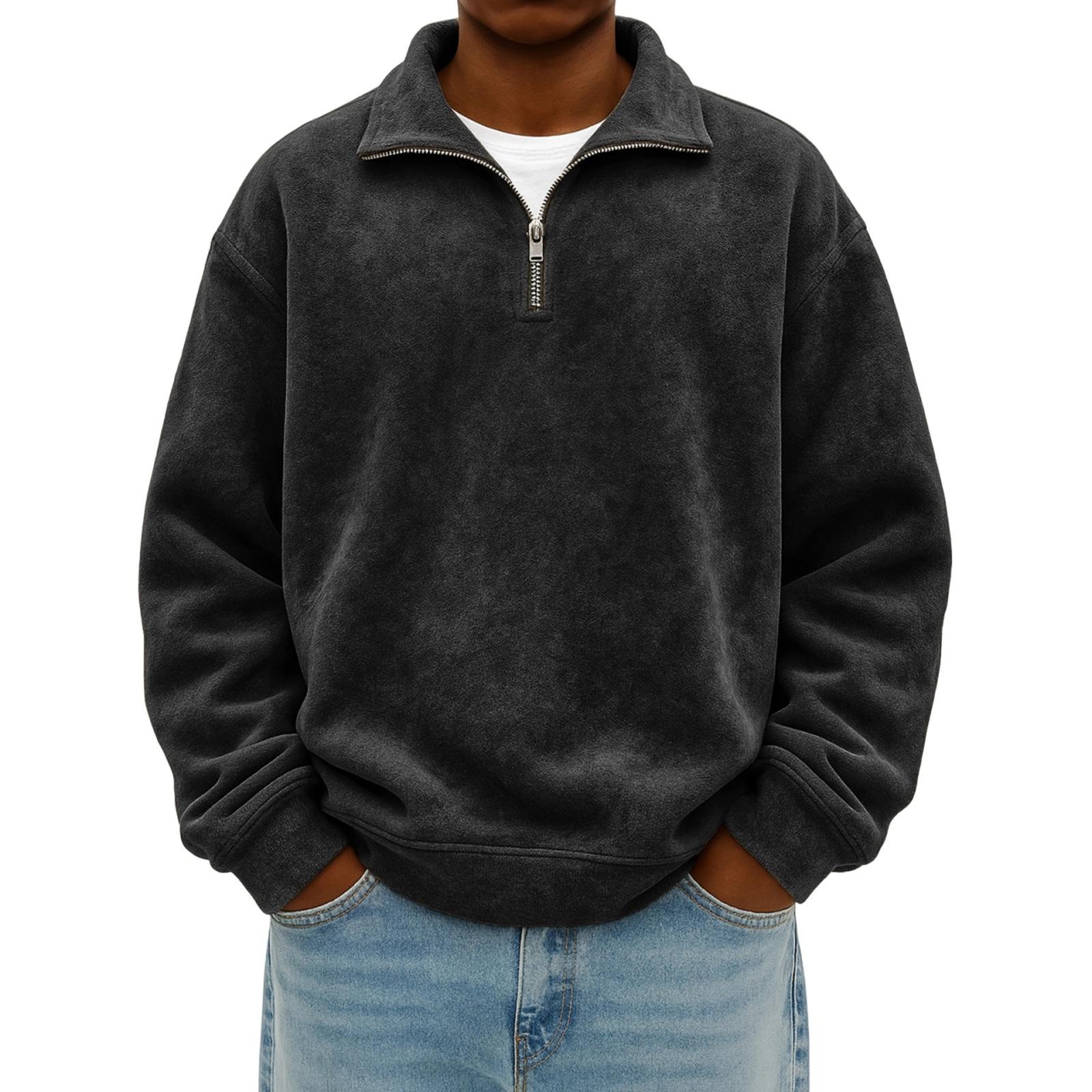 Мужская модная повседневная толстовка с половиной молнии однотонная с эффектом потертости мужская повседневная свободная толстовка с длинными рукавами и лацканами XXL чёрный 2330₽