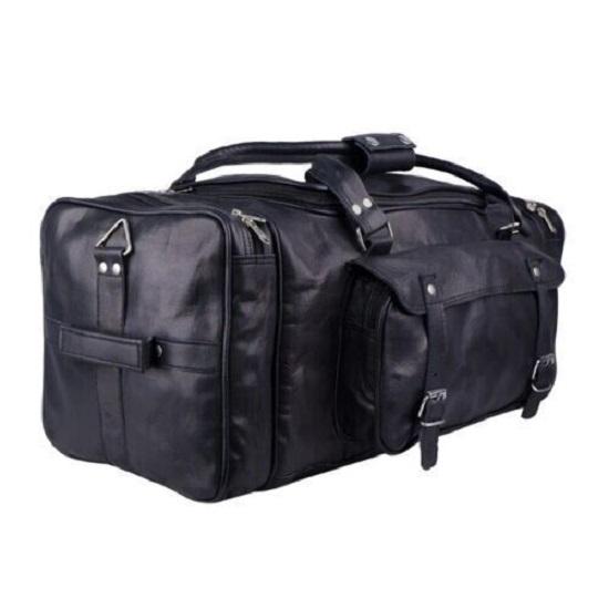 Men's Vintage BLACK Large Leather Gym Weekend Luggage Travel Duffle Bag Handmade