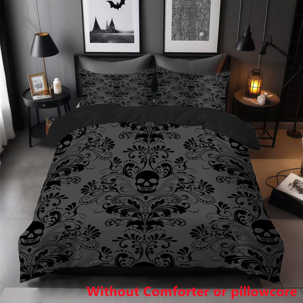 Halloween Thriller Atmosphäre Schwarzer Schädel Digitaldruck 3D Bettbezug, Bettwäsche Heimtextilien Dreiteiliges Set