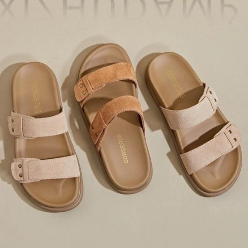 2024 Summer Hot Selling Women's Shoes Fashion Open Toe Women's Flat Shoes Solid Color Medium Heel Casual Beach Women's Slippers