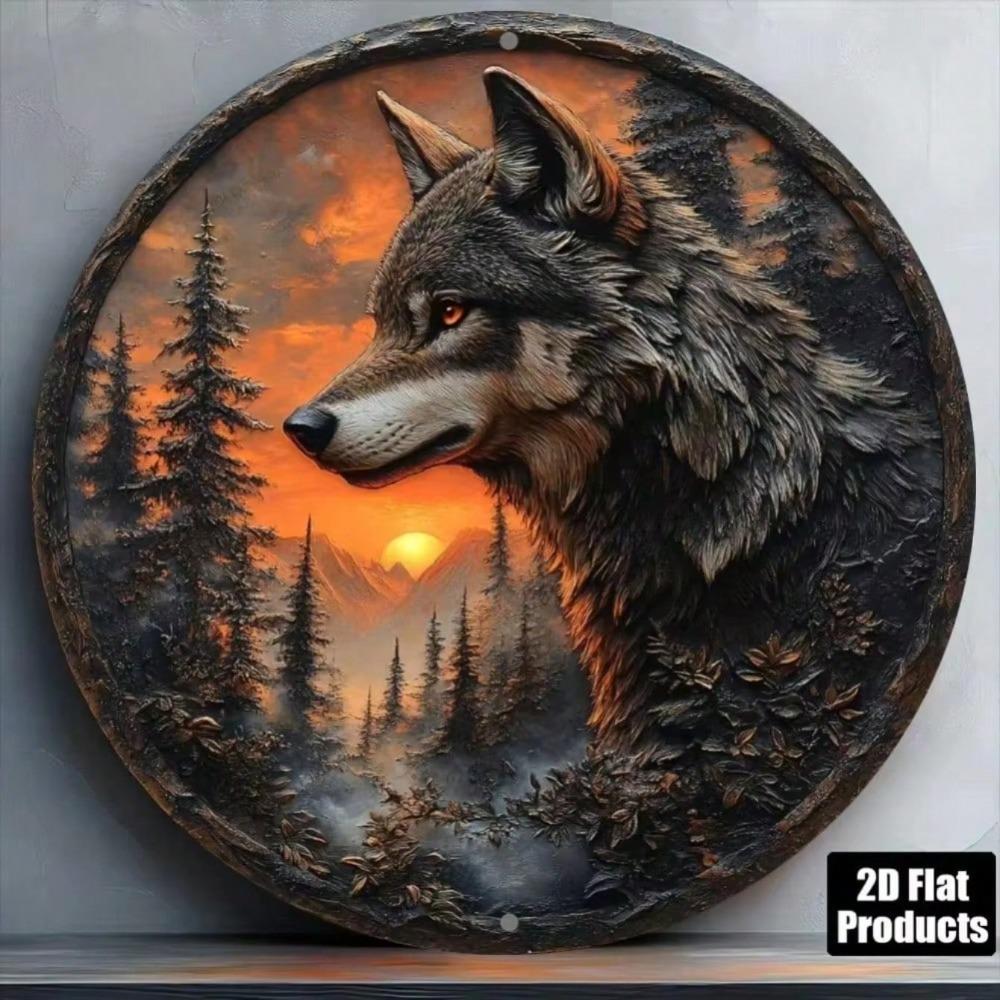 Vintage Wolfskopf Aluminium Wandkunst 8 Zoll Rustikales Rundes Metallschild Dekoration für Zuhause Wohnzimmer