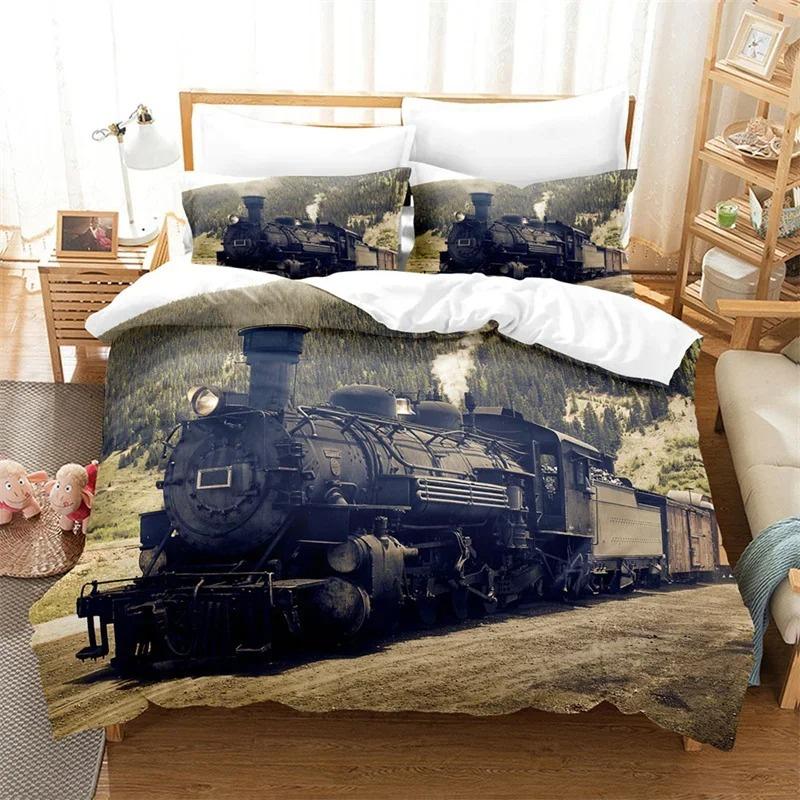 3D Train Steam Engine Bedding Set,Duvet Cover Comforter Bed Set Quilt Cover Pillowcase,King Queen Twin Size Boys Girls Adults Tool