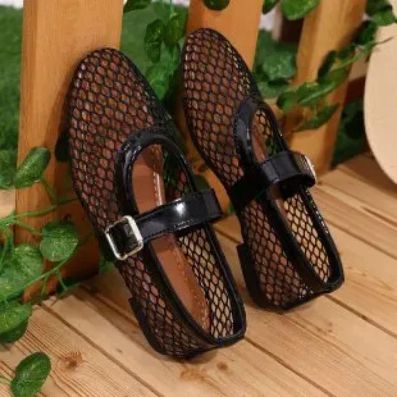 Mesh Black Ballet Shoes Female Summer New Flat Hollow Mesh Breathable Single Shoe Fishnet Shoes Sandals