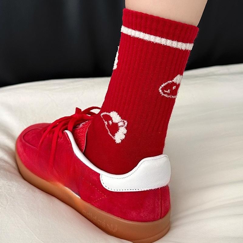 Red Socks - Men's and Women's Lucky Mid-Calf Cotton Knitted Embroidered New Year Socks
