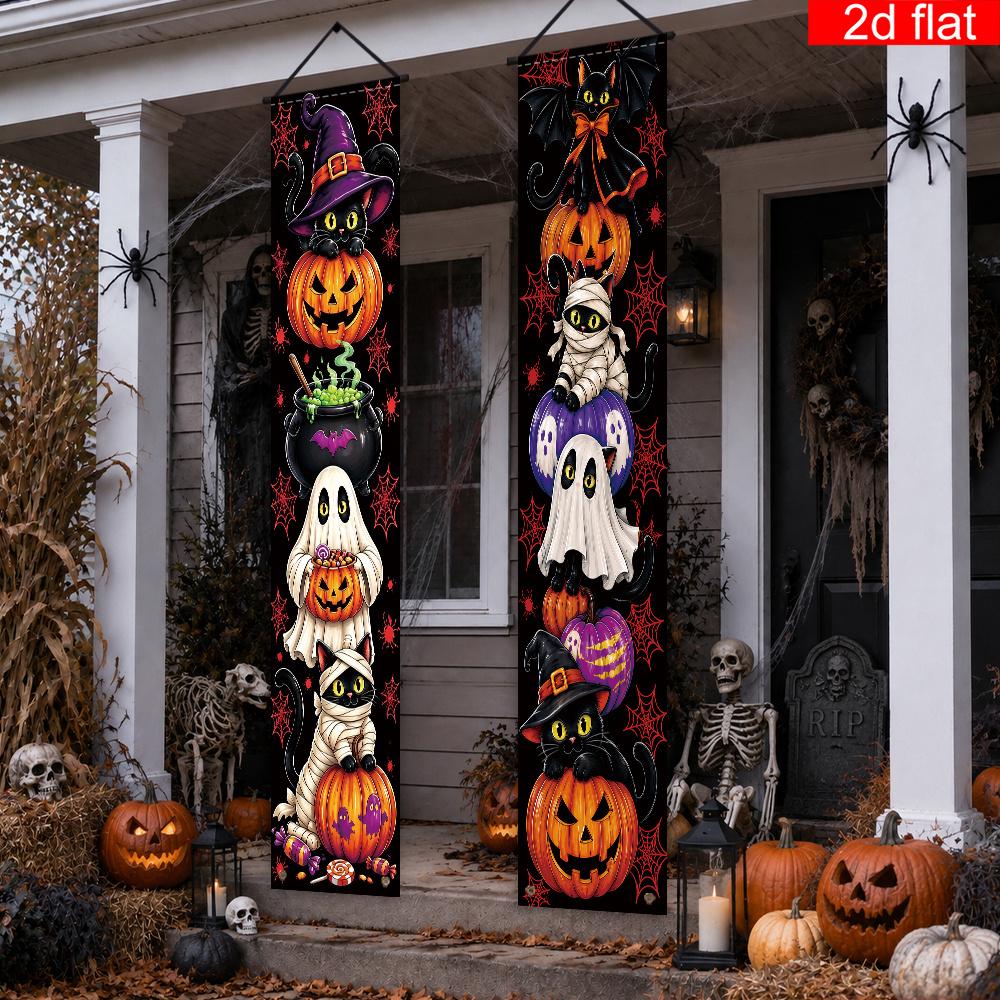 Halloween 2pcs Banner Polyester Cat Pattern Porch Decoration