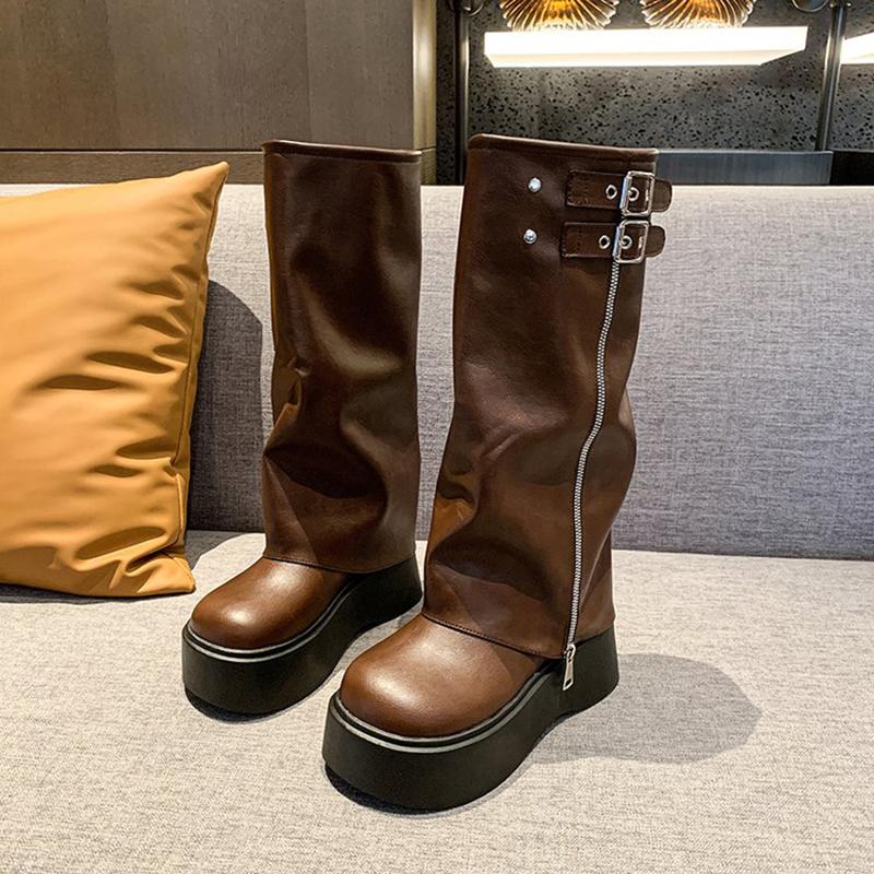 Winter Chunky Heel Women Knee High Boots Belt Buckle Long Boots Female Elegant Platform Women's Knight Botties