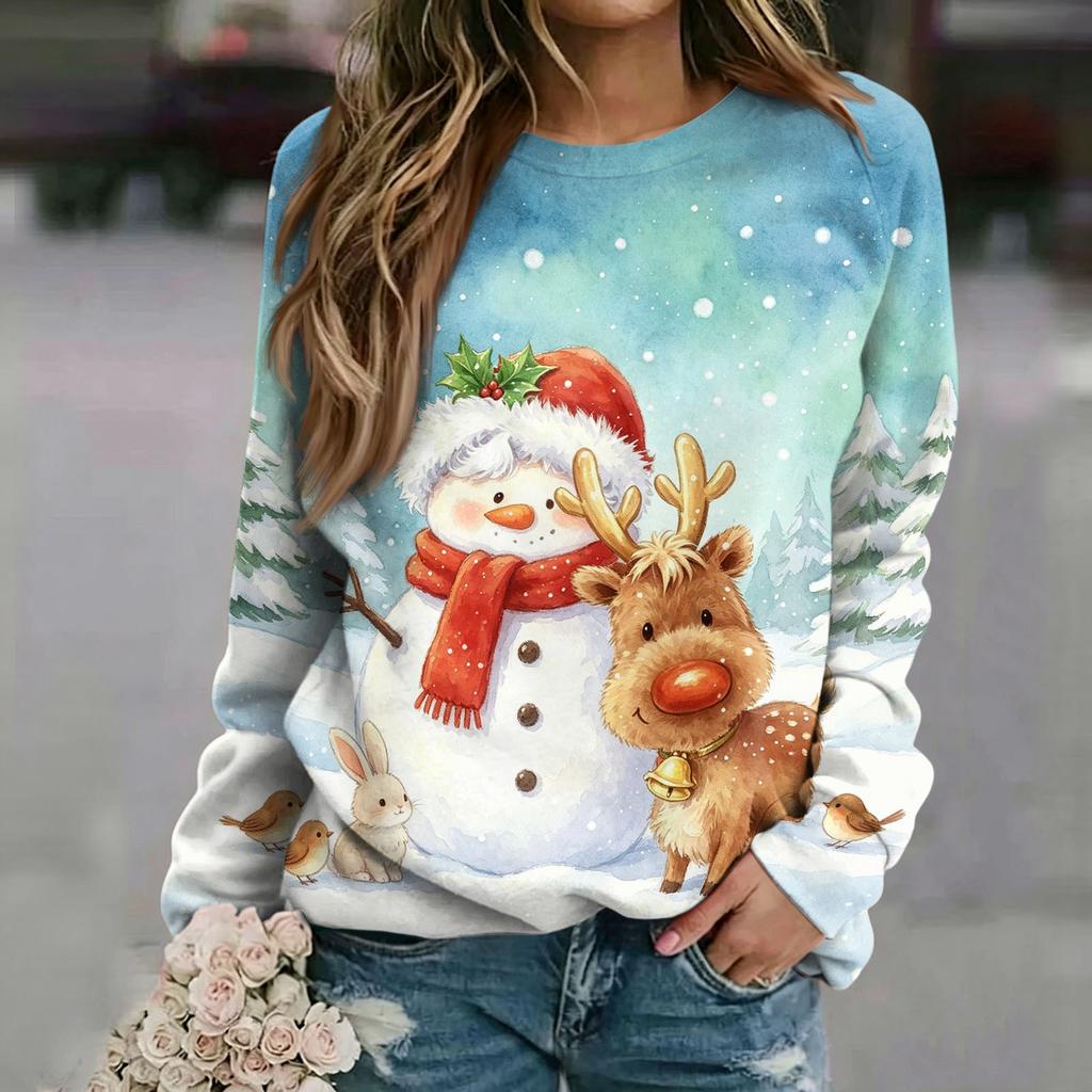 Women's Casual Neck Long Sleeve Raglan Christmas Print Pullover Sweatshirt