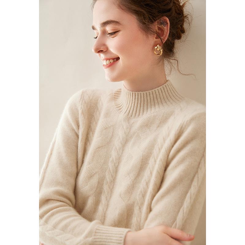 Damen Kaschmir Zopfmuster Pullover - Halboher Kragen, Langarm, Unifarbe, Warme & lässige Basisschicht