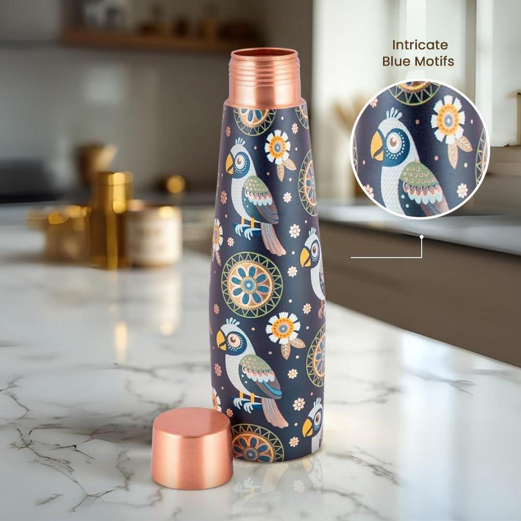 Artistic Copper Bottle & Glass Gift Set with Blue Mandala Print – 900ml Bottle + 2 x 250ml Glasses | Handcrafted Heavy-Gauge Pure Copper Wellness Gift