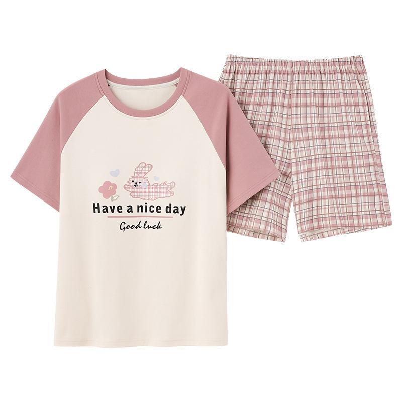 Pajamas with Chest Pads, Short Sleeves, Shorts, Women's Summer Round Neck, Thin Cotton Cartoon, Cute, Summer Can Wear Loungewear