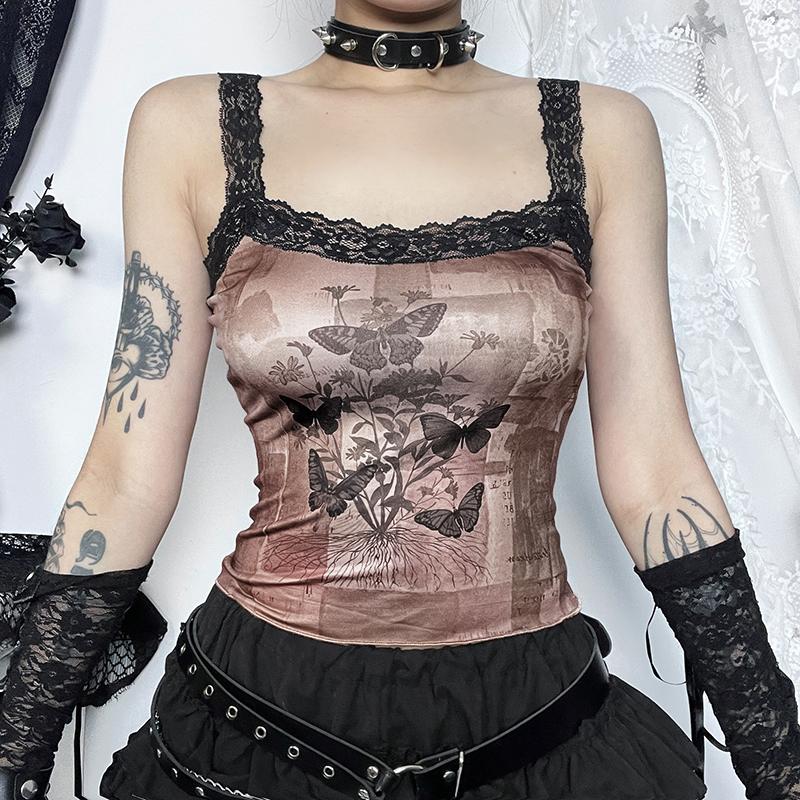 

Y2K Goth с принтом бабочки, тонкий корсет, укороченные топы, сексуальные эстетические кружевные бретели, майки, женские летние модные топы на бретелях, уличная одежда