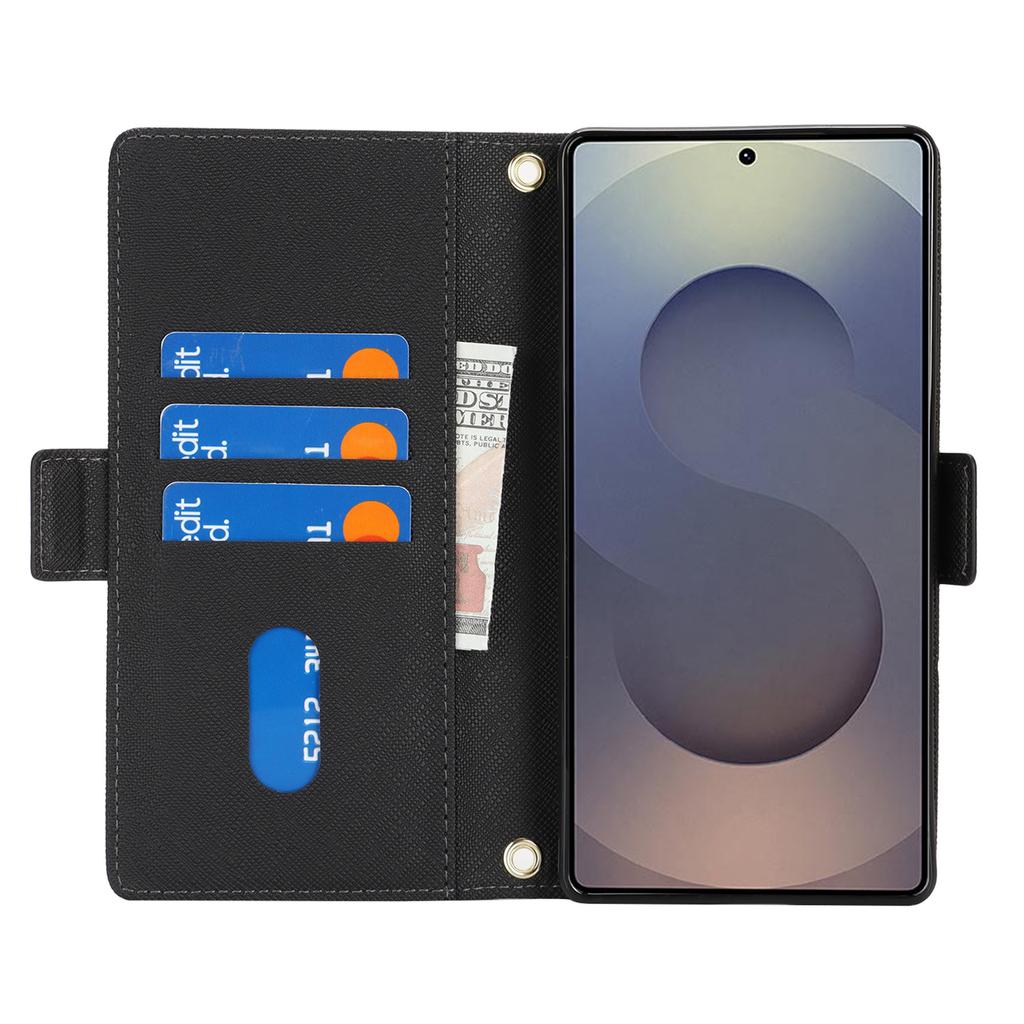 For Samsung Galaxy S25 Ultra Stand Case Cross Texture PU Leather Wallet Phone Cover with Shoulder Strap/Makeup Mirror