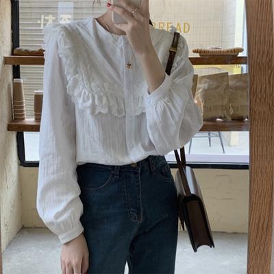 Women Shirts Lantern Long Sleeve Lapel Collar Tops Ladies Simple Leisure Lace Blouse