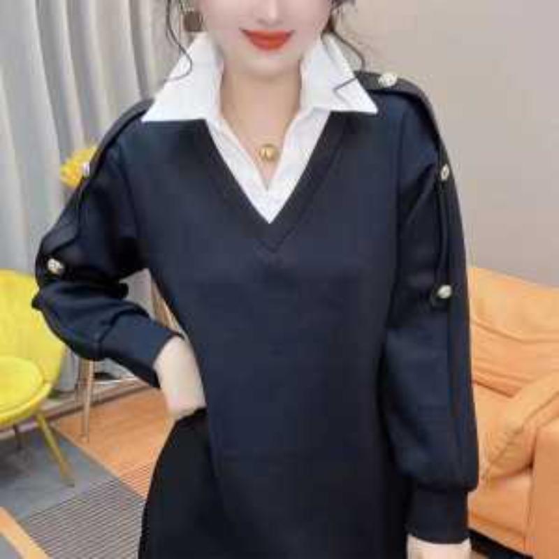 Loose Fake Two-piece Sweatshirt 2025 Autumn and Winter New Fashion Slimming Spliced Shirt Collar Casual Top
