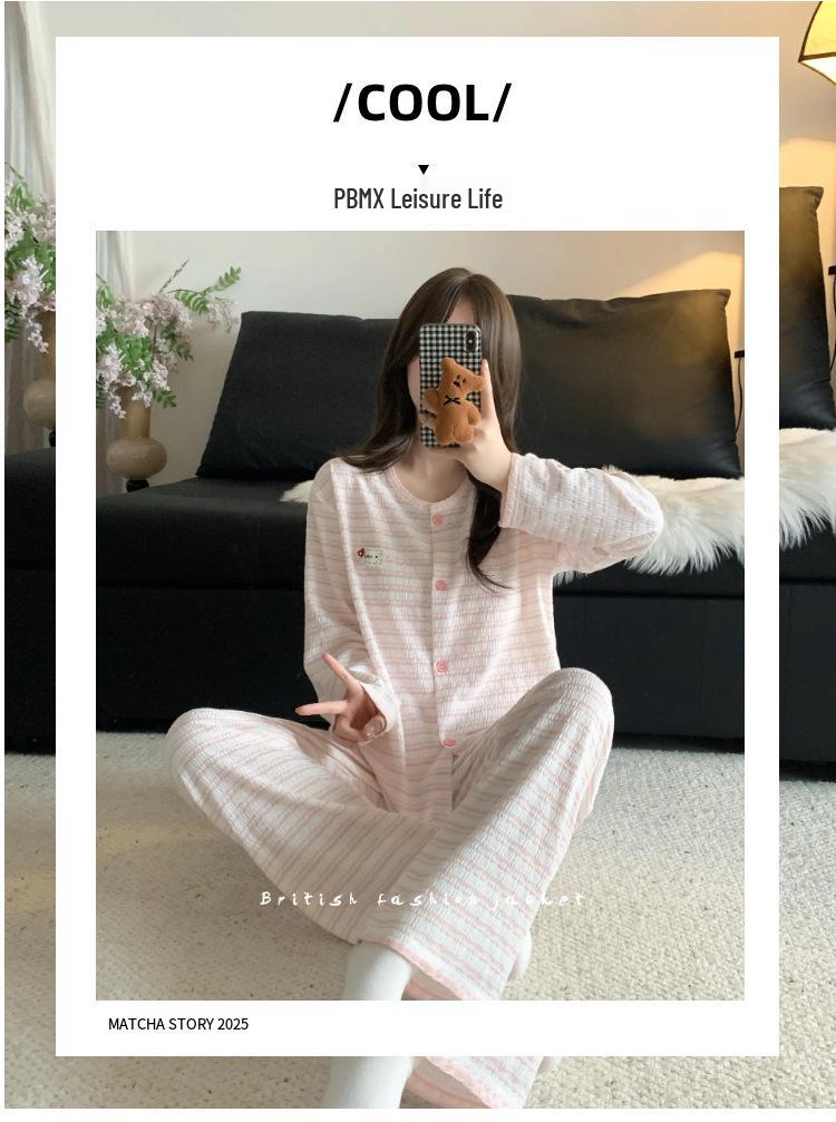 Korean Pink Striped Women's Pajama Set - Spring/Autumn 2026, Sweet Long Sleeve Cardigan Loungewear