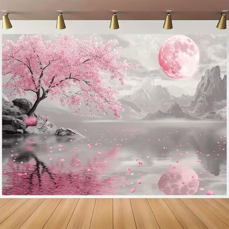 Sfondo 2D Montagna Grigia Fiore di Ciliegio, Sfondo Fotografico Petali di Luna Rosa