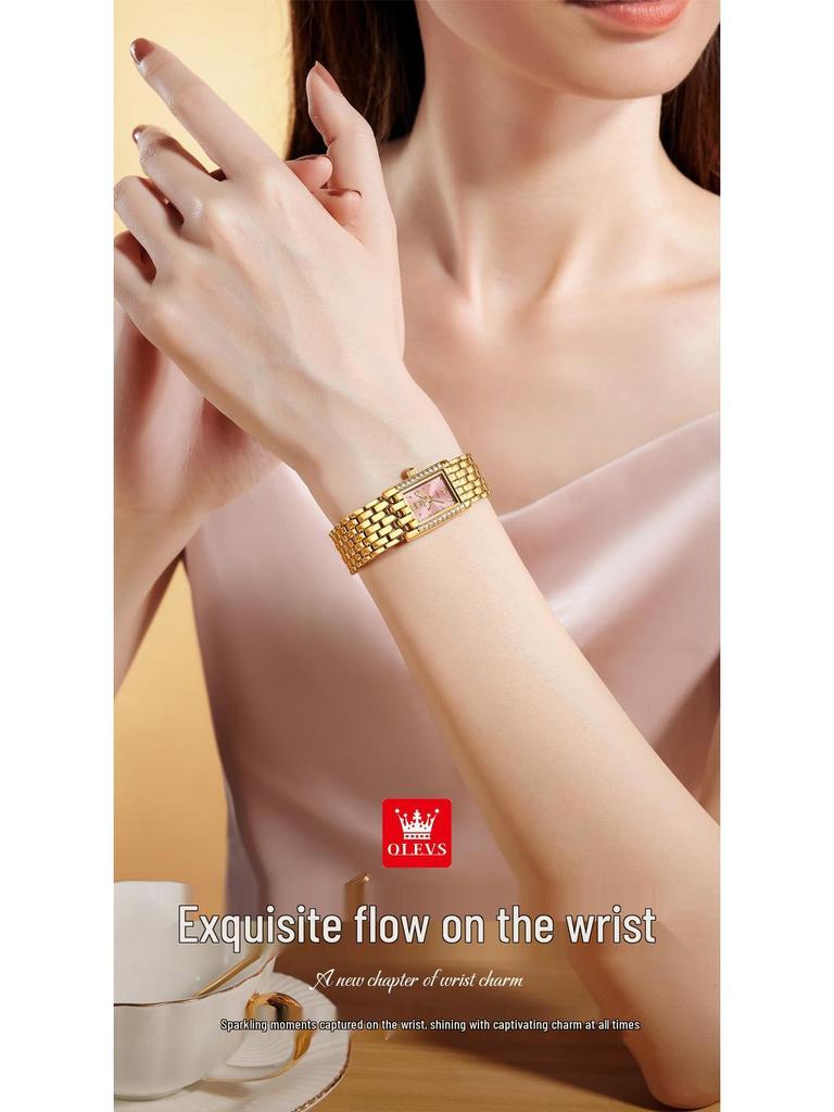 Olevs Women's Gold Square Quartz Watch - Chinese Style