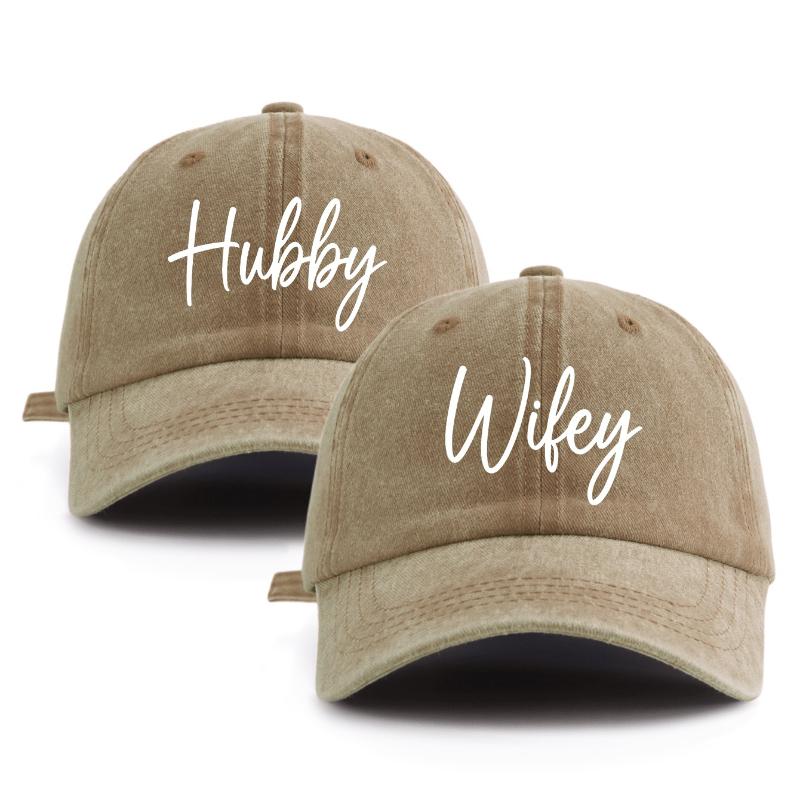 2 Pcs HUBBY WIFEY Print Washed Baseball Cap,Classic Casual Stylish Retro Adjustable Lightweight Sun Protection for Outdoor Sport
