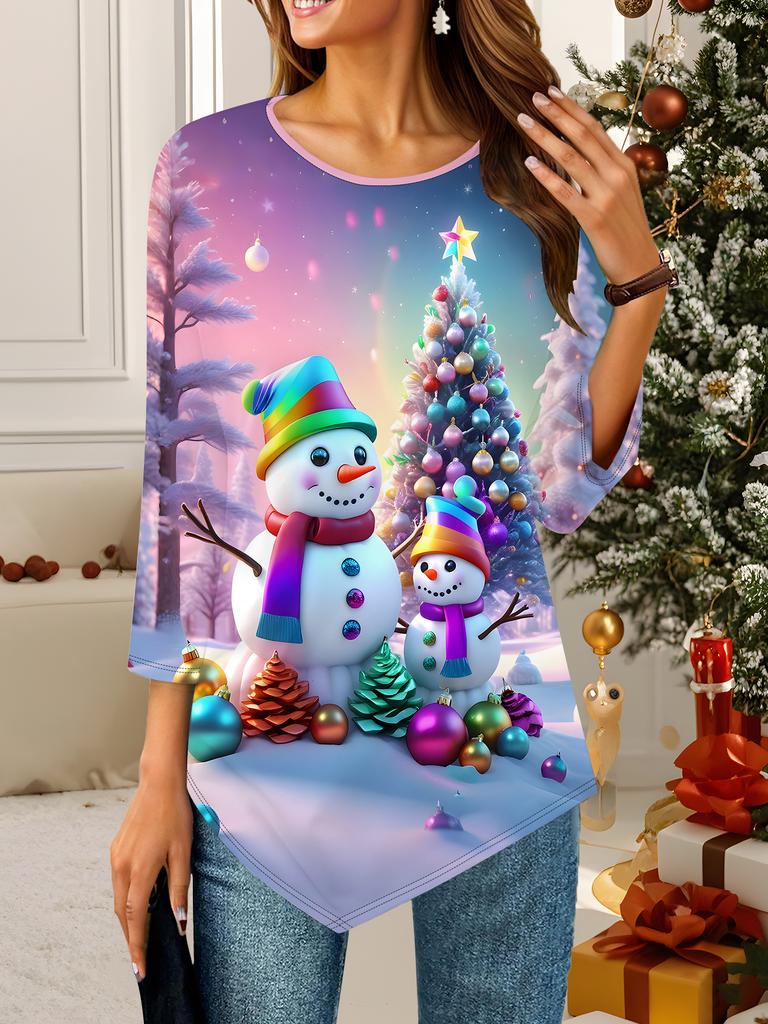 Women's Loose Round Neck Three Quarter Sleeve Tee 3D Christmas Pattern Ideal Halloween and Christmas Gift