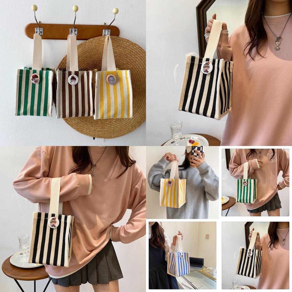 Stylish Colorful Striped Nylon Shoulder Tote Bag For Women Trendy Handheld Lunch Bag