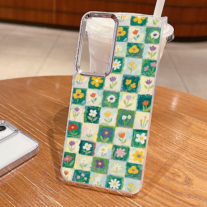 Oil Painting Flower Case For Samsung S26 S25 Ultra S24 FE S23 Plus S22 S21 A15 A16 A17 A35 A36 A37 A54 A55 A56 A57 5G Plating Lens Soft Cover