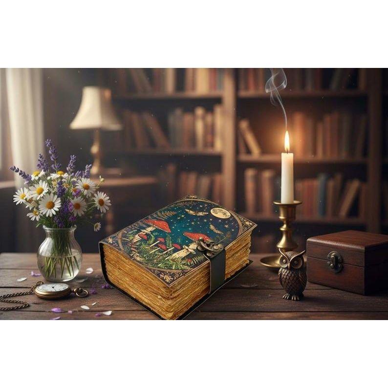 Mushroom Leather Grimoire Journal: Handmade Antique Deckle Edge Book