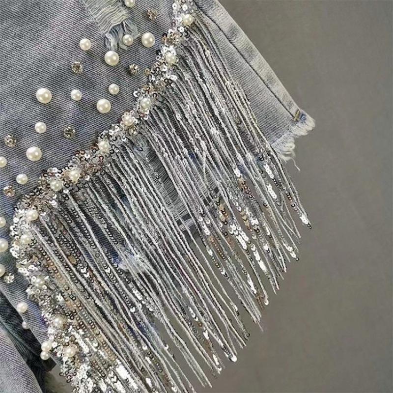Summer Elegant Shorts Lady Tassel Beading High Waist Wide Leg Denim Shorts Female Casual Solid Shorts Jeans for Women Clothing