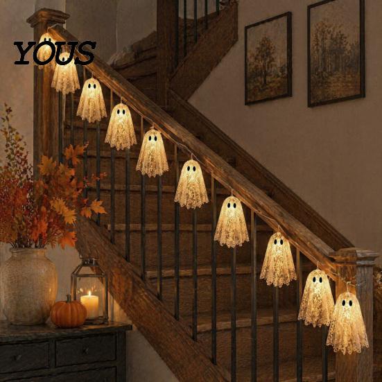 Easy Hanging Ghost String Garland 6.6FT Halloween Light Up Garland, Lace LED Fairy Light, Cozy Autumn Home Decorations Spooky Bunting Banner