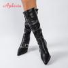 Aphixta Knee-High Sexy Woman Boots Metal Buckle Pleated Mid-Calf Soft Leather 8cm High Heels Women's Boots Long Boots 2025 Woman