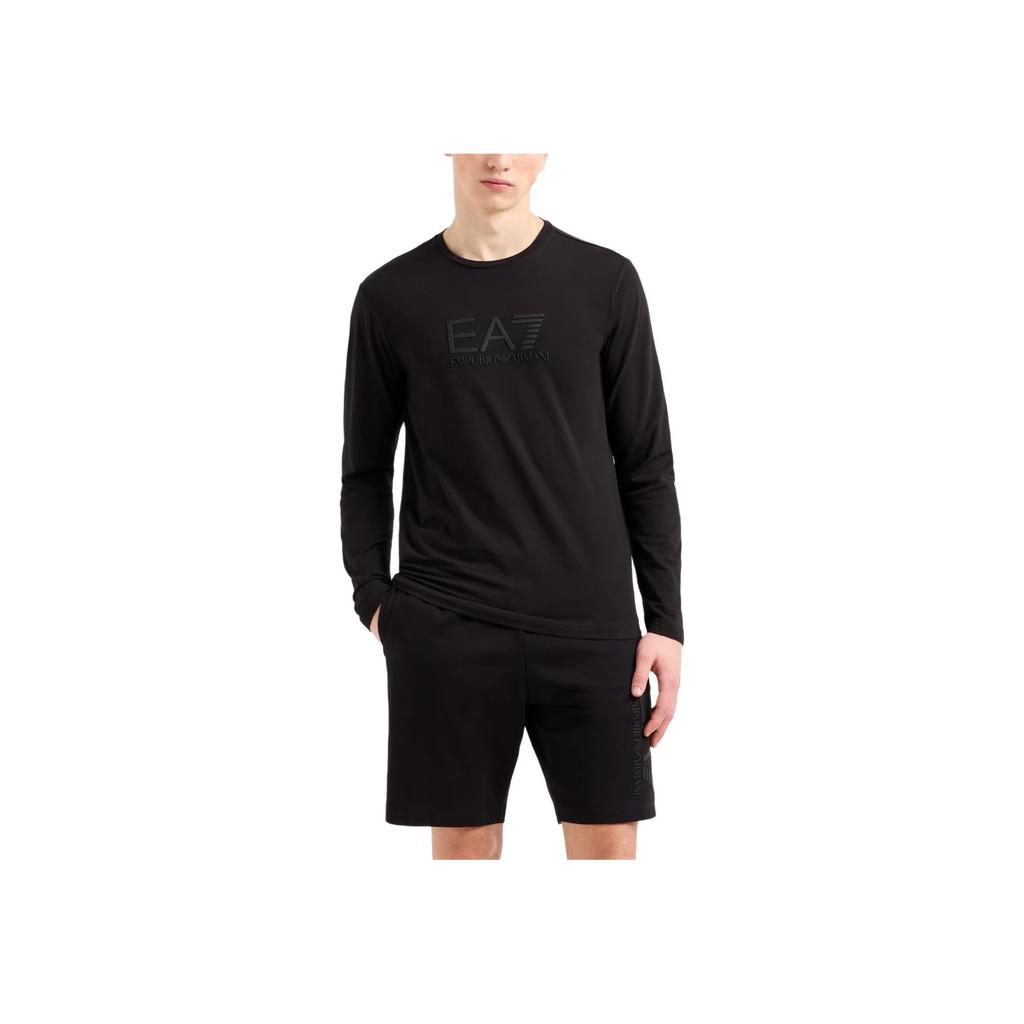 Emporio Armani EA7 T-shirt z długim rękawem, gładki splot, okrągły dekolt, męskie topy, czarny, 7M000227-AF10373-UC001