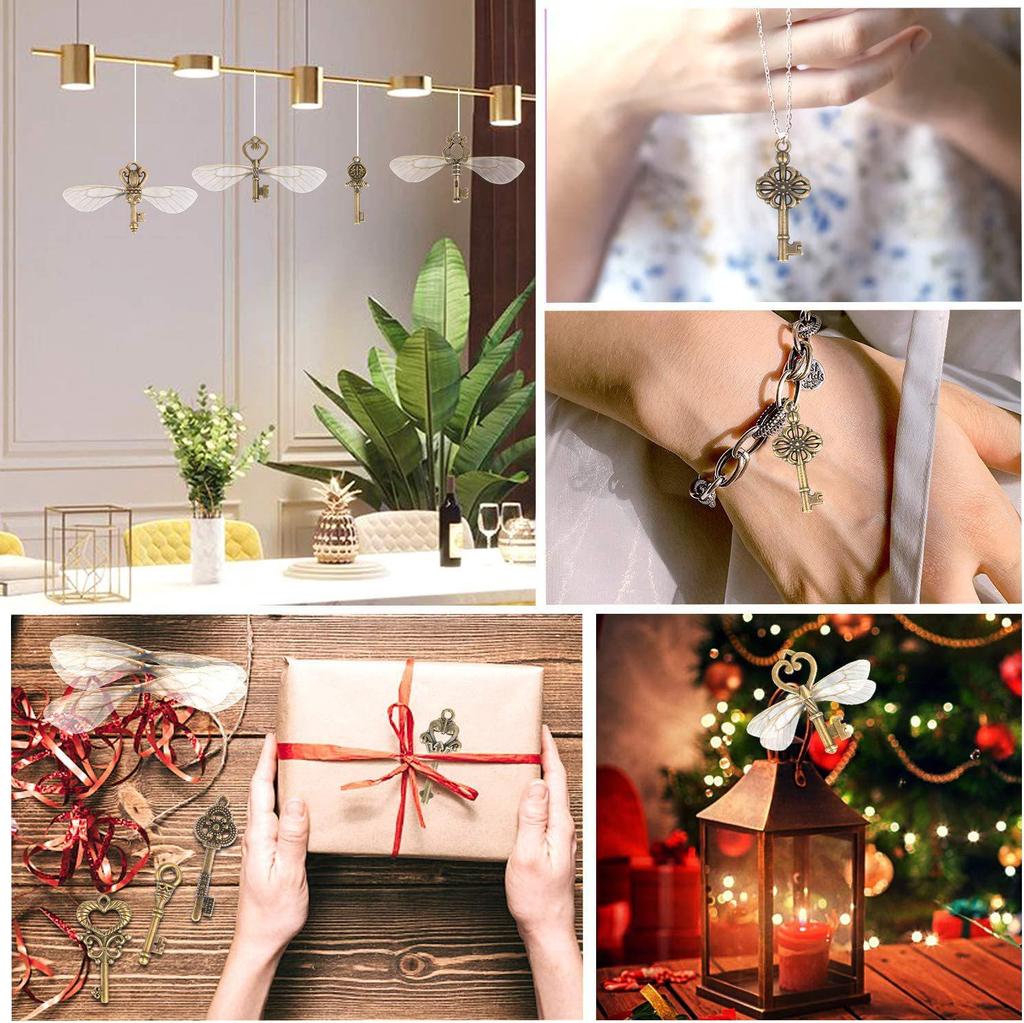 40 Vintage keys, 40 pairs of wings, 30 size crystal thread, wedding party decoration room pendant set