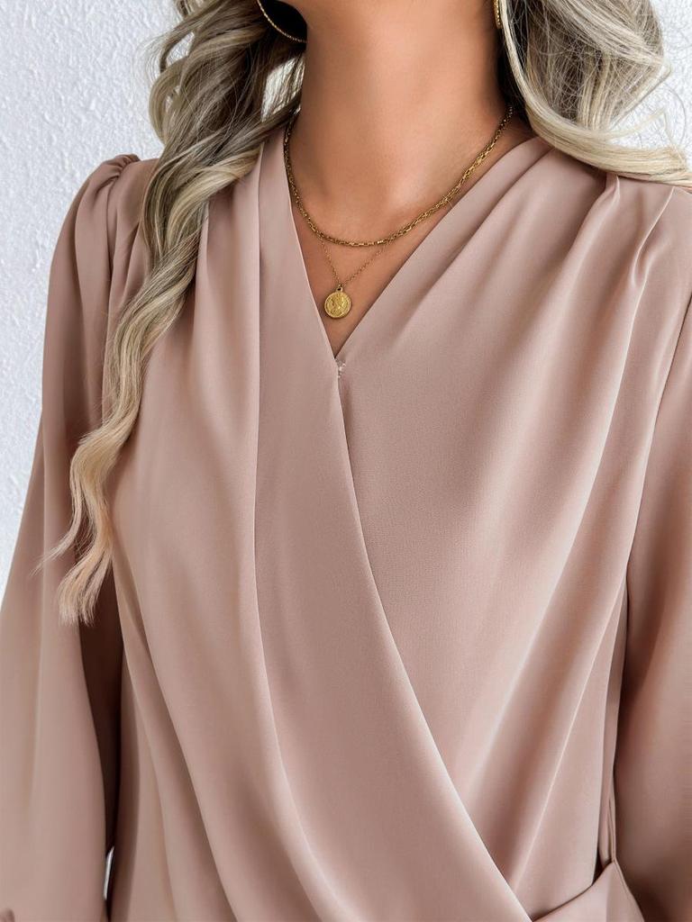 Women's Chiffon V-neck Lantern Sleeve Blouse - Solid Color Fashion Top