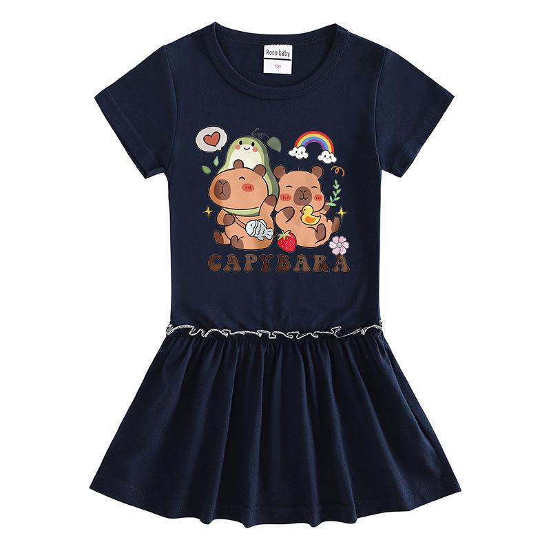 Summer Girls' Cartoon Raglan Short Sleeve Pleated Dress with Ruffle Skirt