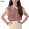 ZANZEA Damen Freizeit Rundhals Sommer Spitze Patchwork Ärmelloses T-Shirt