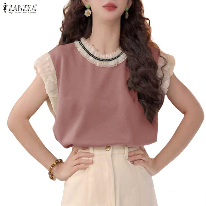 ZANZEA Damen Freizeit Rundhals Sommer Spitze Patchwork Ärmelloses T-Shirt