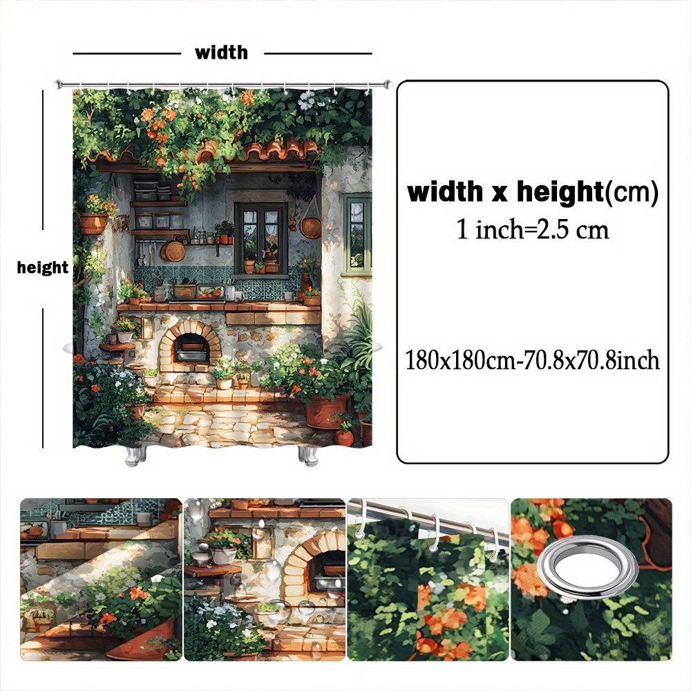 Rustic Kitchen Garden Shower Curtain - Stone Wall, Climbing Plants,Red Orange Blooms,Cobblestone Path,European Village Aesthetic