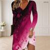 Women Plus Size V Neck Long Sleeve Marble Printed Dark Teal Black Gold Curved Hem Dress