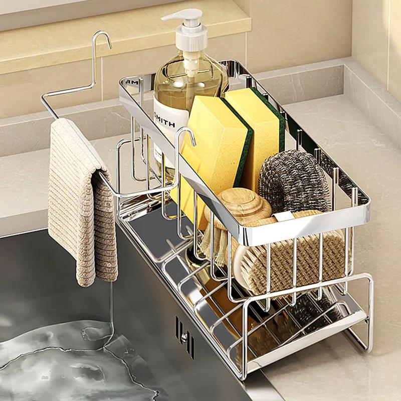 Bathroom Sink Storage Rack Metal Drain Rack with Cutlery Container Dishwashing Sponge Holder Kitchen Countertop Storage Shelf
