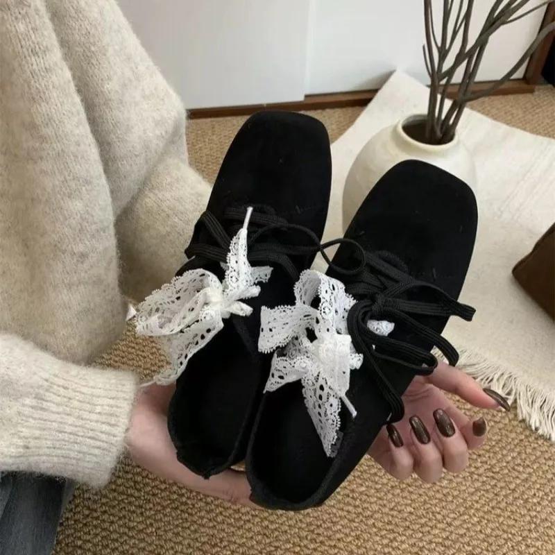 Women's Flat Shoes Bow Tie Lace Suede Ladies Shoes Versatile Comfortable Square Toe Spring and Autumn New Zapatillas De Mujer