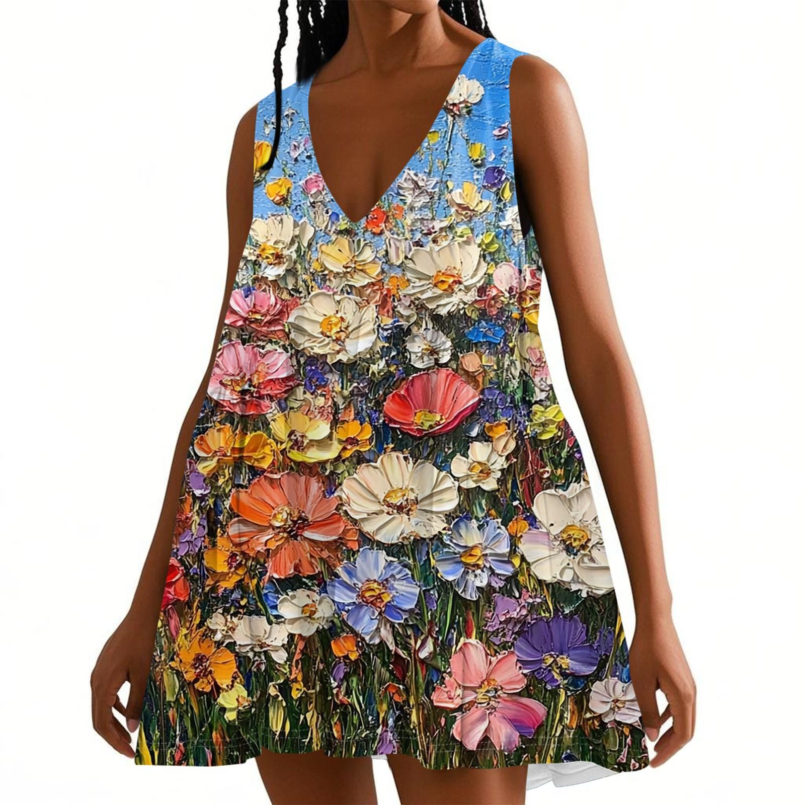 

Женское весенне-летнее повседневное платье без рукавов с V-образным вырезом и цветочным принтом XL небесно-голубой